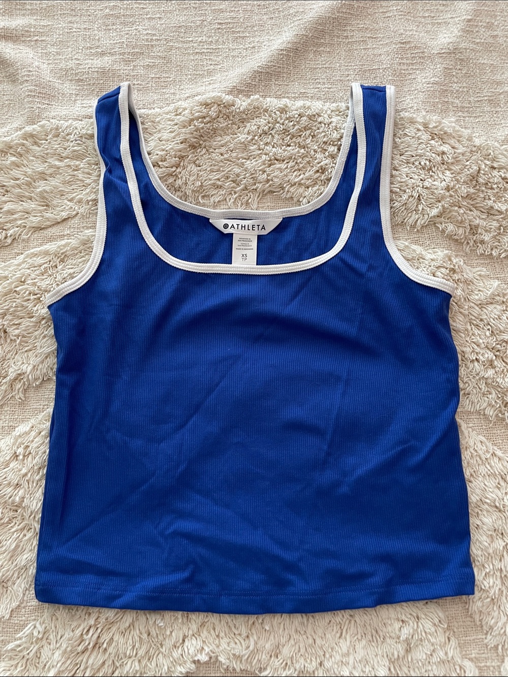 Athleta Royal Blue Ribbed Crop Tank with White Trim signature square neck XS NEW